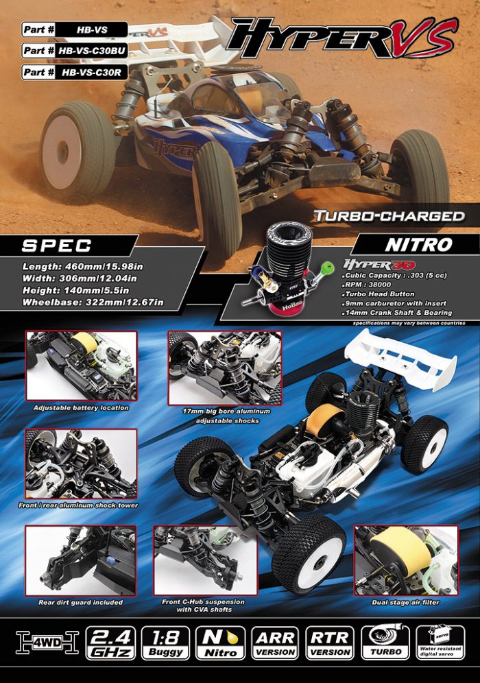 HB-VS-C30R HOBAO HYPER VS 1/8 BUGGY NITRO RTR W/30 TURBO ENGINE, RED BODY (Ultra LX-3)